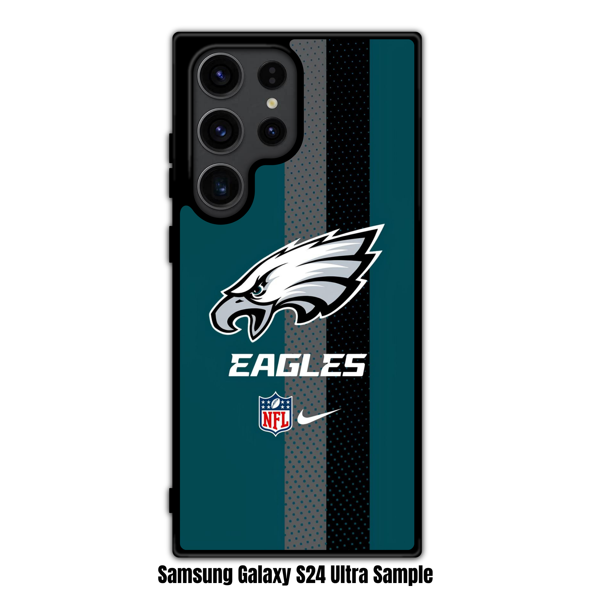 NFL Philadelphia Eagles Phone Case For iPhone Samsung Galaxy Pixel - Philadelphia Eagles Logo And Wordmark On Midnight Green Gray And Black Mesh Stripes Background With NFL And Nike Logos