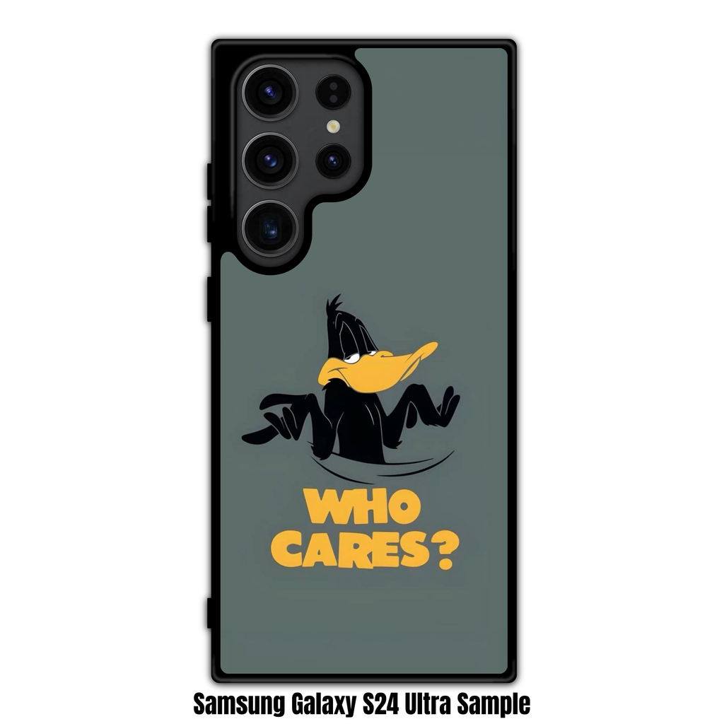 Looney Tunes Daffy Duck Phone Case For iPhone Samsung Galaxy Pixel - Daffy Duck Shrugging With Who Cares Text In Olive Gray Background