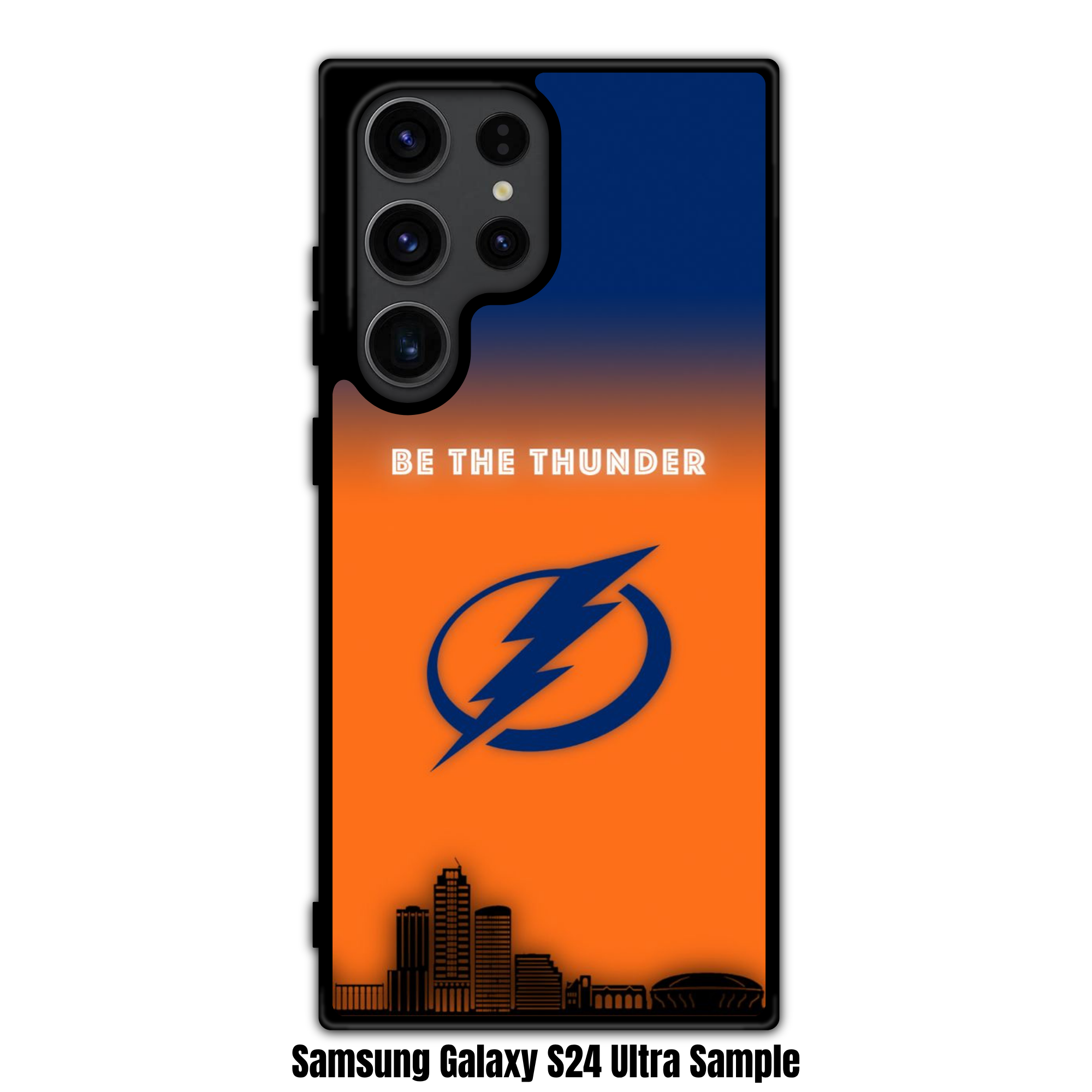 NHL Tampa Bay Lightning Phone Case For iPhone Samsung Galaxy Pixel - Tampa Bay Lightning Logo And Be The Thunder Slogan On Blue And Orange Skyline Background