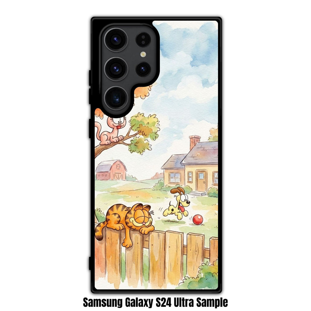 Garfield Phone Case For iPhone Samsung Galaxy Pixel - Garfield Napping On Fence With Arlene And Odie Watercolor Poster