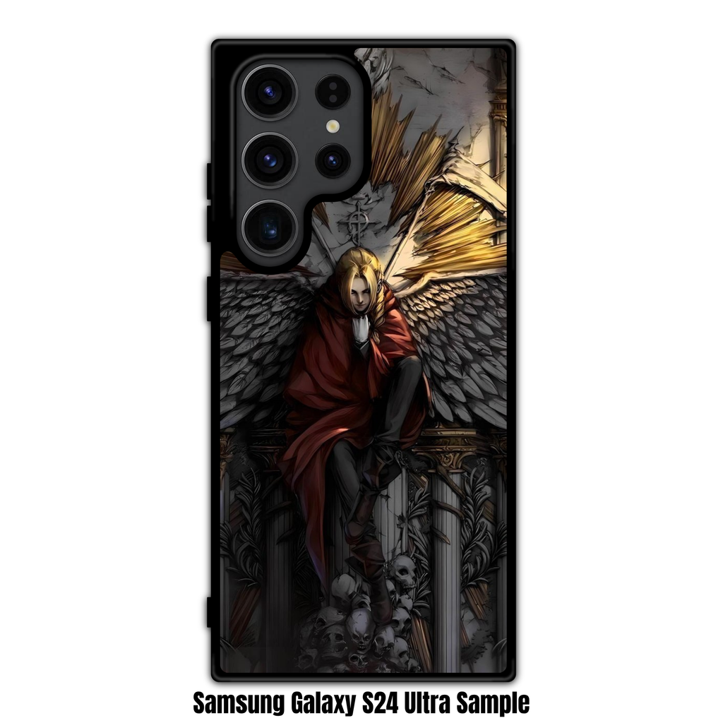 Fullmetal Alchemist Edward Phone Case For iPhone Samsung Galaxy Pixel - Edward Elric Sitting On Throne Of Skulls With Large Wings On Stone Background