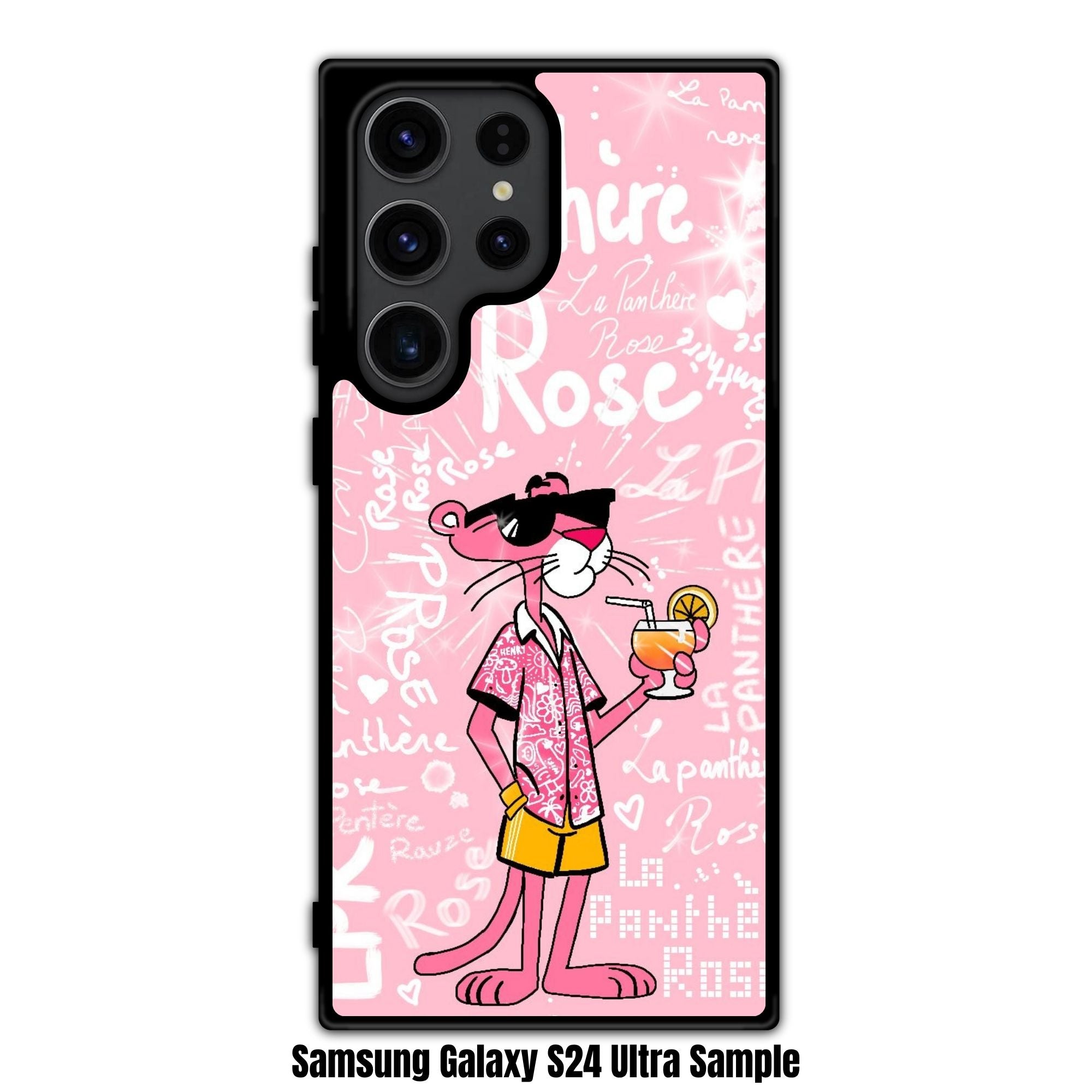 Pink Panther Phone Case For iPhone Samsung Galaxy Pixel - Pink Panther In Hawaiian Shirt With Cocktail And Graffiti Text In Pink Background