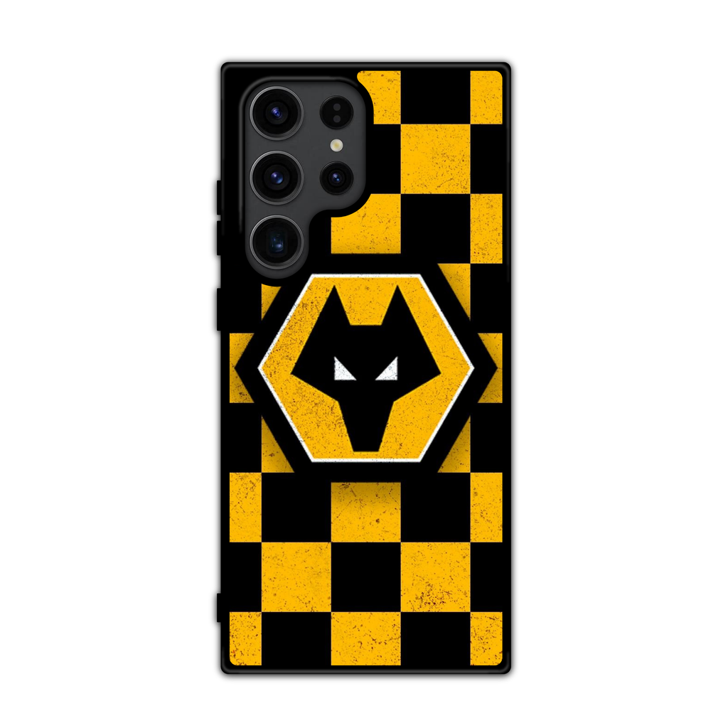 Wolverhampton Wanderers FC Phone Case For iPhone Samsung Galaxy Pixel - Wolverhampton Wanderers FC Crest On Distressed Yellow And Black Checkerboard Background