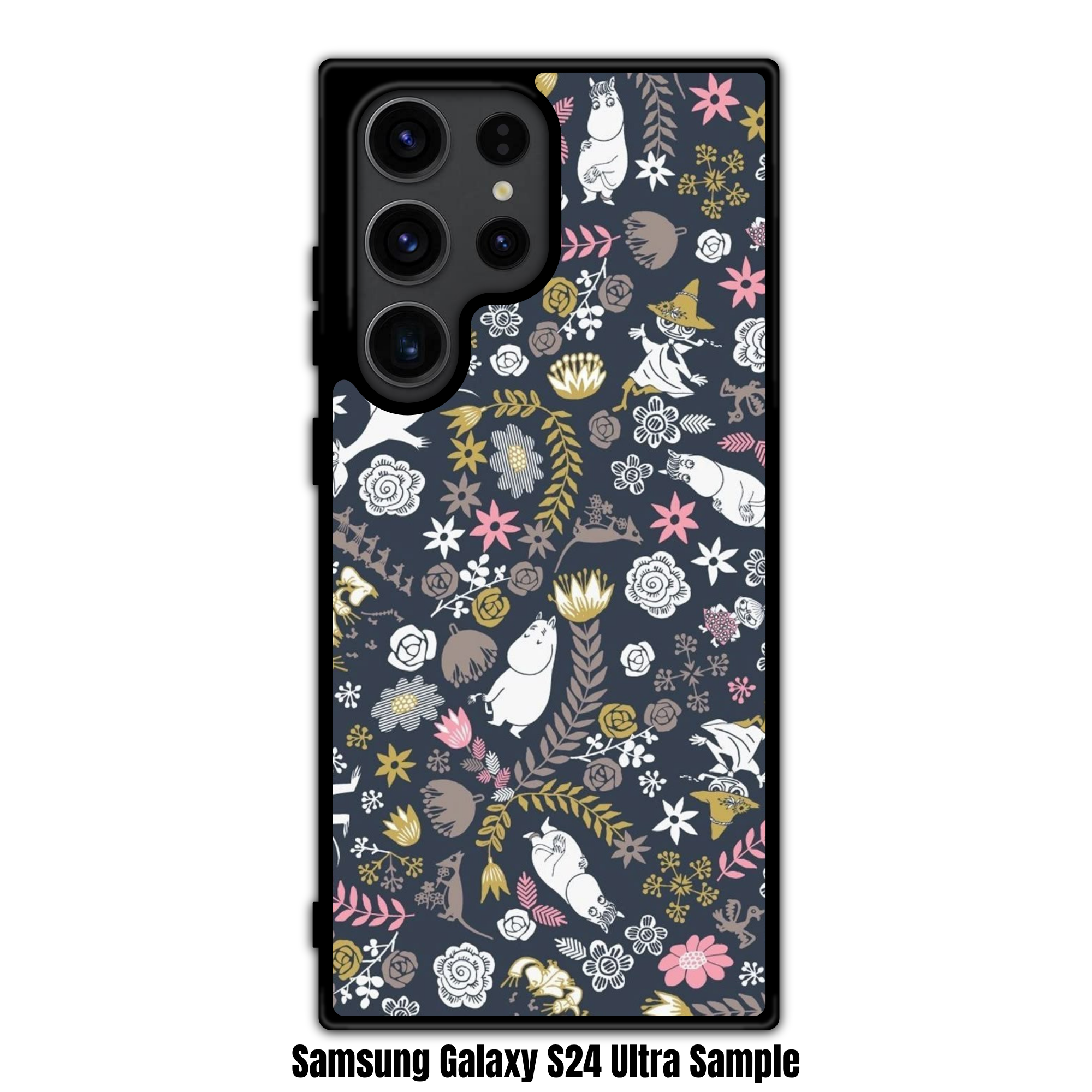 Moomins Phone Case For iPhone Samsung Galaxy Pixel - Moomin Characters And Flowers Pattern In Dark Blue Background