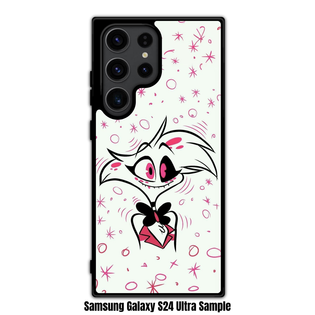Hazbin Hotel Angel Dust Phone Case For iPhone Samsung Galaxy Pixel - Angel Dust Chibi Illustration On Pink Star And Bubble Background