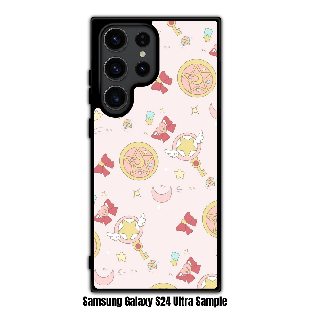 Cardcaptor Sakura Phone Case For iPhone Samsung Galaxy Pixel - Cardcaptor Sakura And Sailor Moon Icons Pattern On Light Pink Background