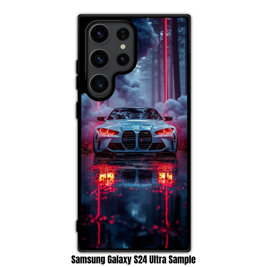 BMW Phone Case For iPhone Samsung Galaxy Pixel - BMW M4 Competition Car And Red Neon Lights On Wet Forest Background