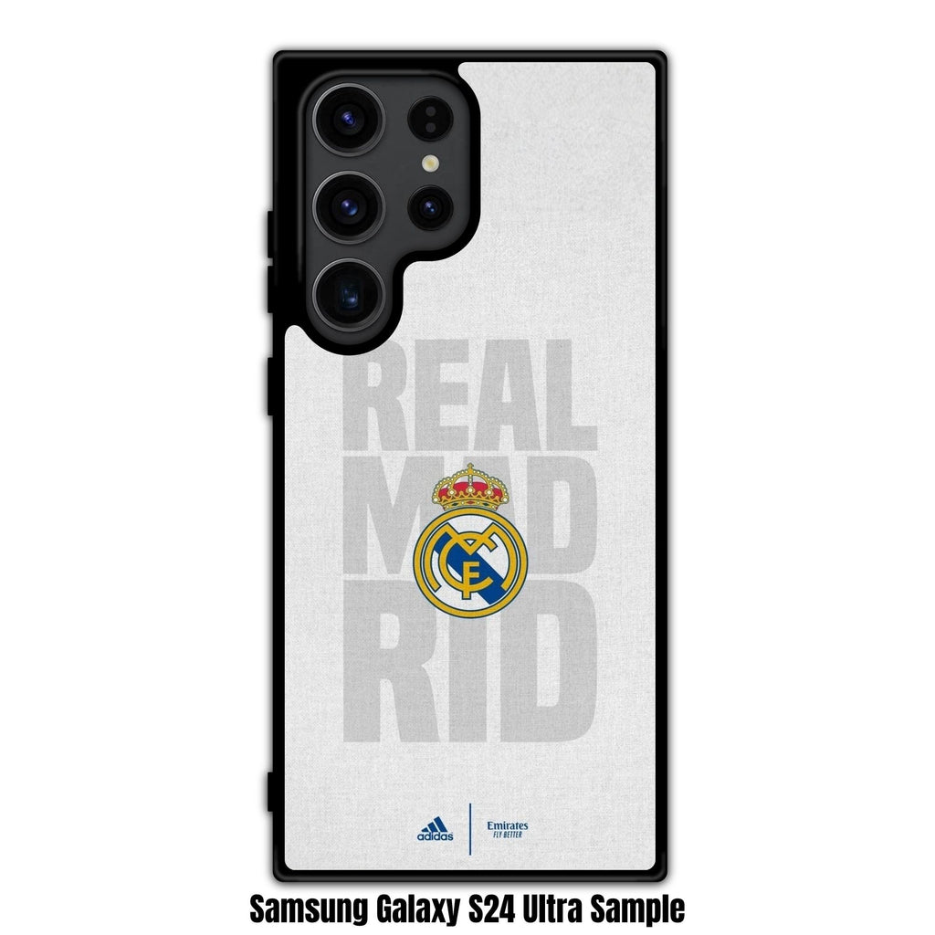 Real Madrid CF Phone Case For iPhone Samsung Galaxy Pixel - Real Madrid CF Crest On Light Gray Textured Fabric Background With Large Faded Typographic Text