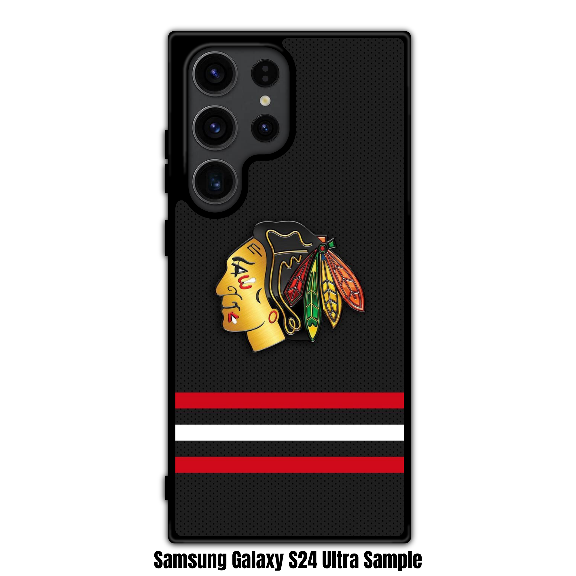 NHL Chicago Blackhawks Phone Case For iPhone Samsung Galaxy Pixel - Chicago Blackhawks Logo And Horizontal Stripes On Black Mesh Texture Background