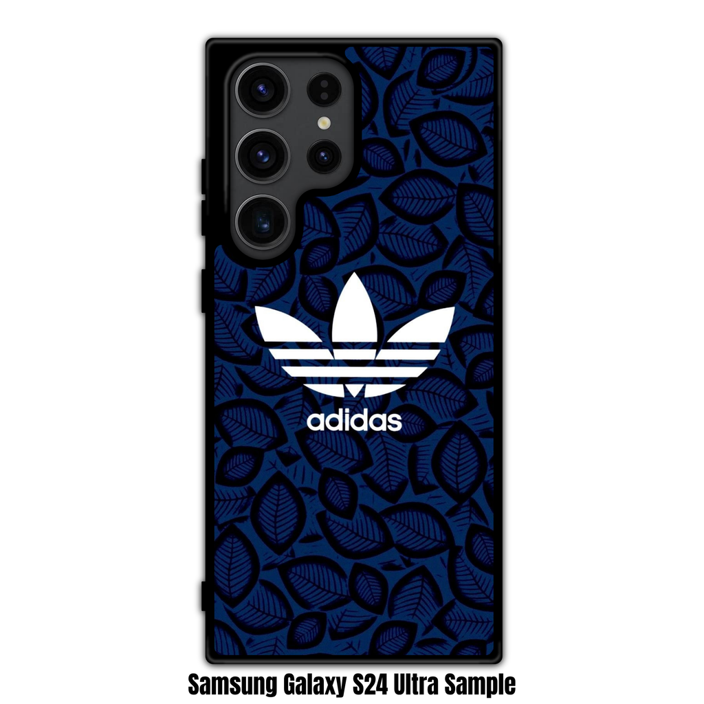 Adidas Phone Case For iPhone Samsung Galaxy Pixel - Adidas Trefoil Logo On Navy Blue Leaf Patterned Background