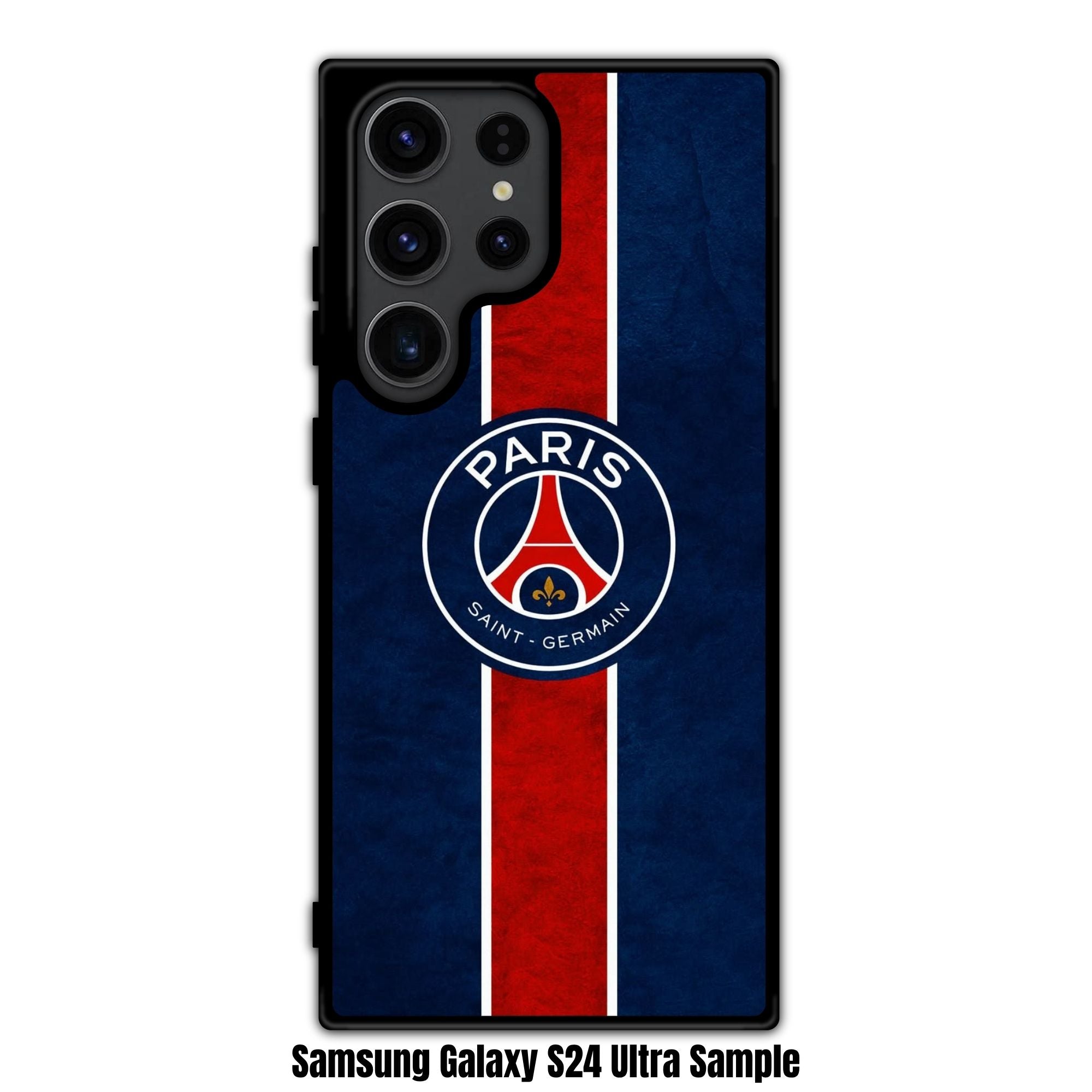 Paris Saint Germain FC Phone Case For iPhone Samsung Galaxy Pixel - Paris Saint Germain FC Crest On Textured Blue Background With Vertical Red Stripe
