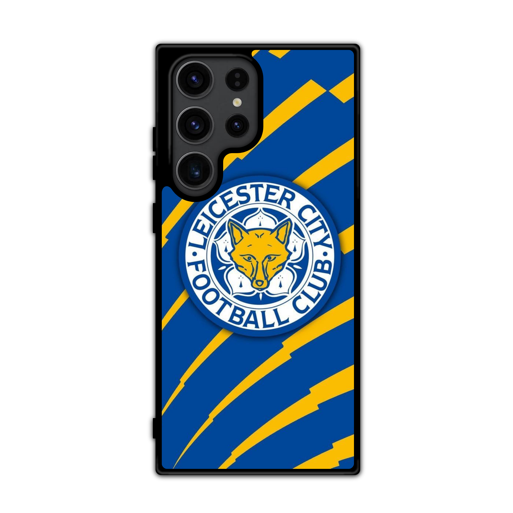 Leicester City FC Phone Case For iPhone Samsung Galaxy Pixel - Leicester City FC Crest On Blue And Yellow Patterned Background