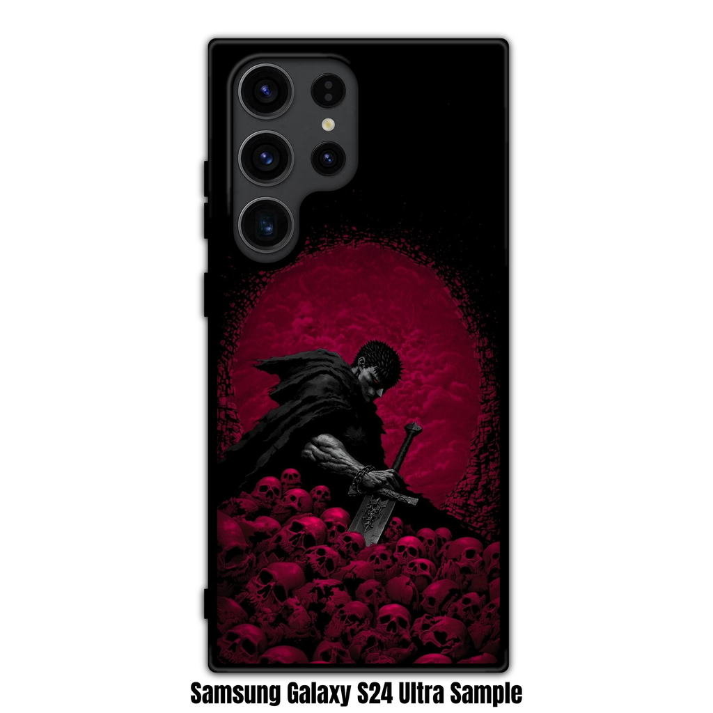 Berserk Guts Phone Case For iPhone Samsung Galaxy Pixel - Guts Resting On Pile Of Skulls Under Blood Moon Sky Background