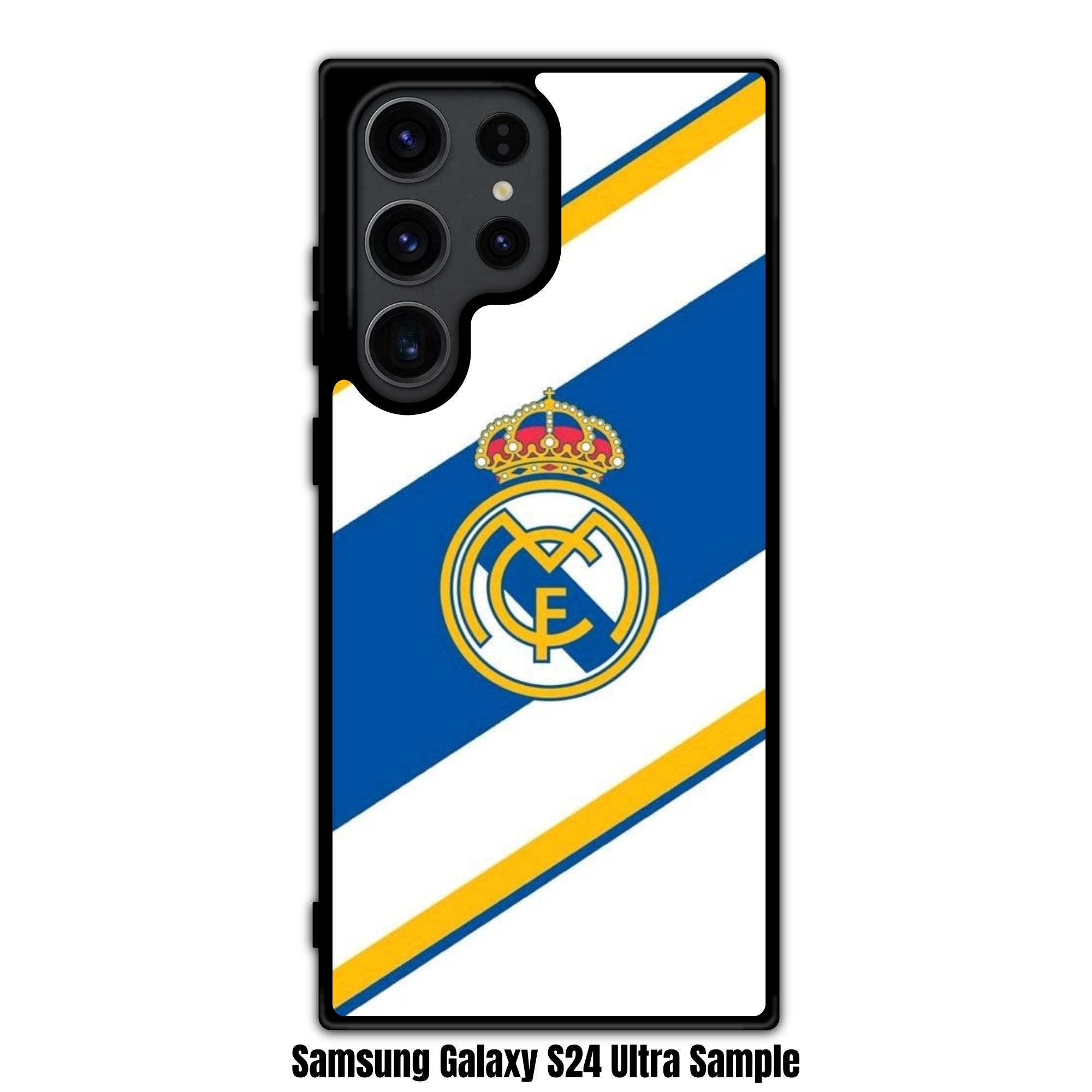 Real Madrid CF Phone Case For iPhone Samsung Galaxy Pixel - Real Madrid CF Logo On Diagonal Blue And Yellow Stripes With White Background