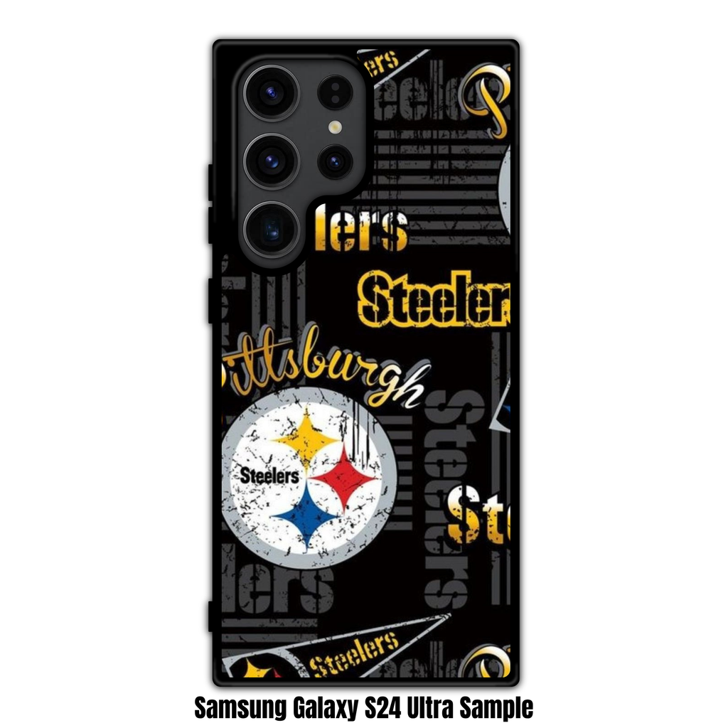 NFL Pittsburgh Steelers Phone Case For iPhone Samsung Galaxy Pixel - Pittsburgh Steelers Distressed Logo And Pennant Pattern On Black Background