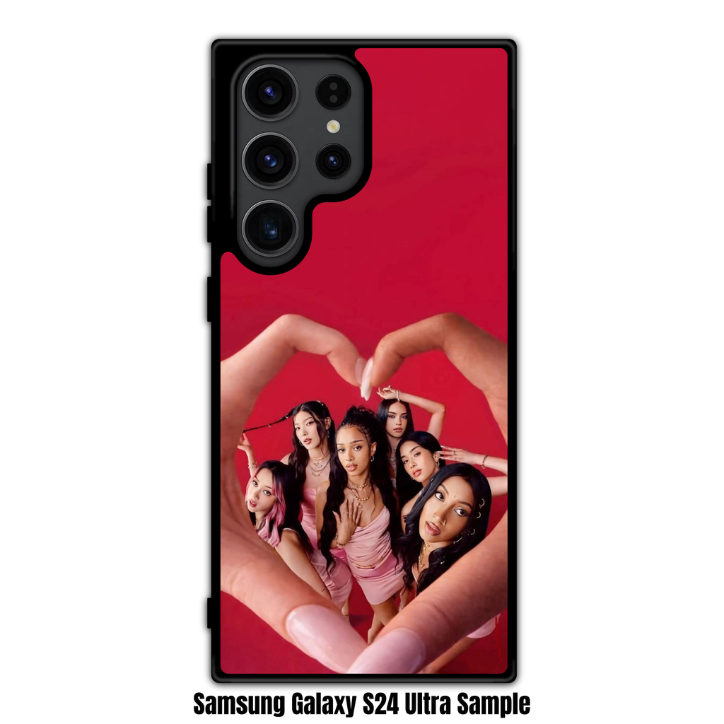 Katseye Phone Case For iPhone Samsung Galaxy Pixel - Katseye Members Framed In Finger Heart Shape On Red Background