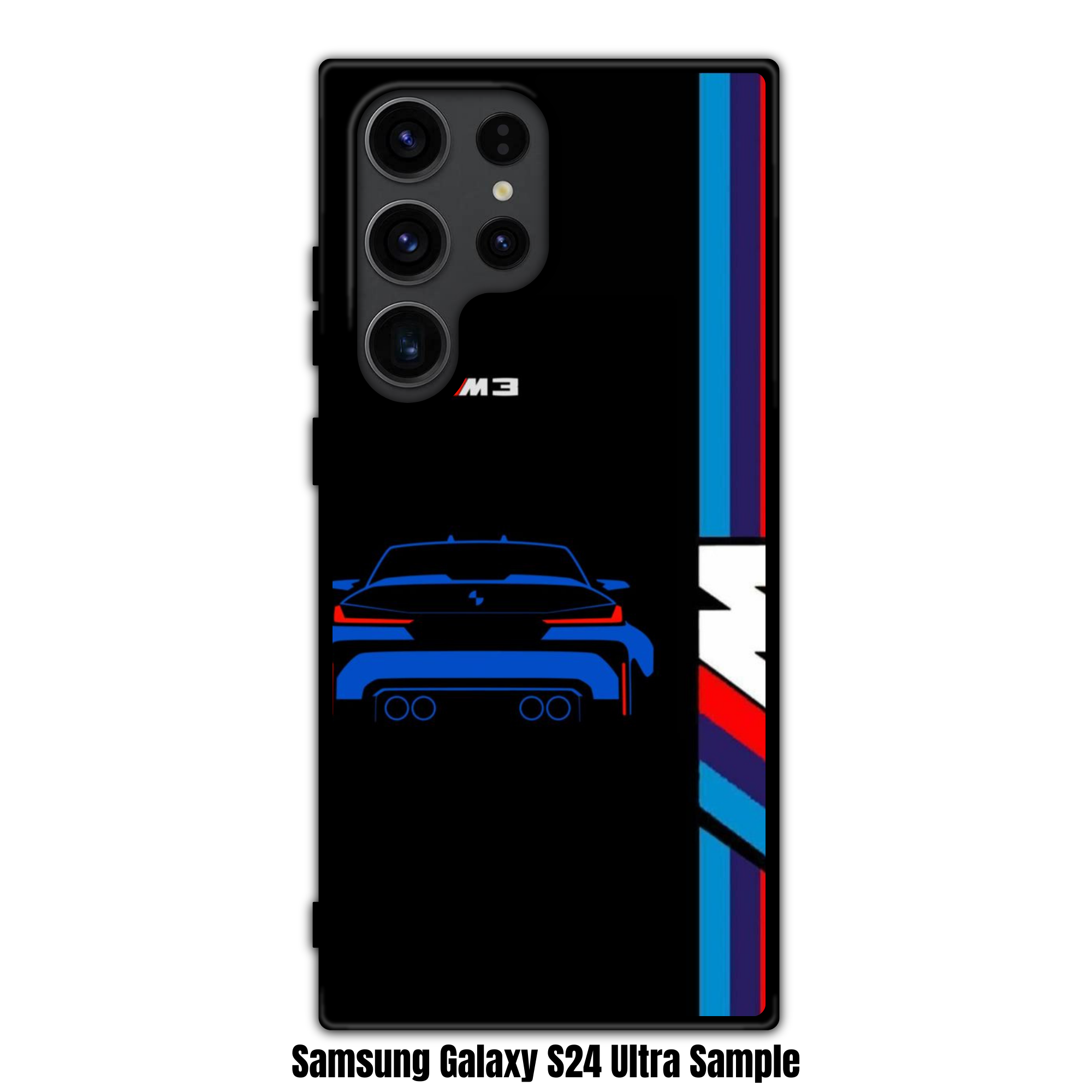 BMW Phone Case For iPhone Samsung Galaxy Pixel - BMW M3 Outlined Car And Vertical M Stripes On Black Background