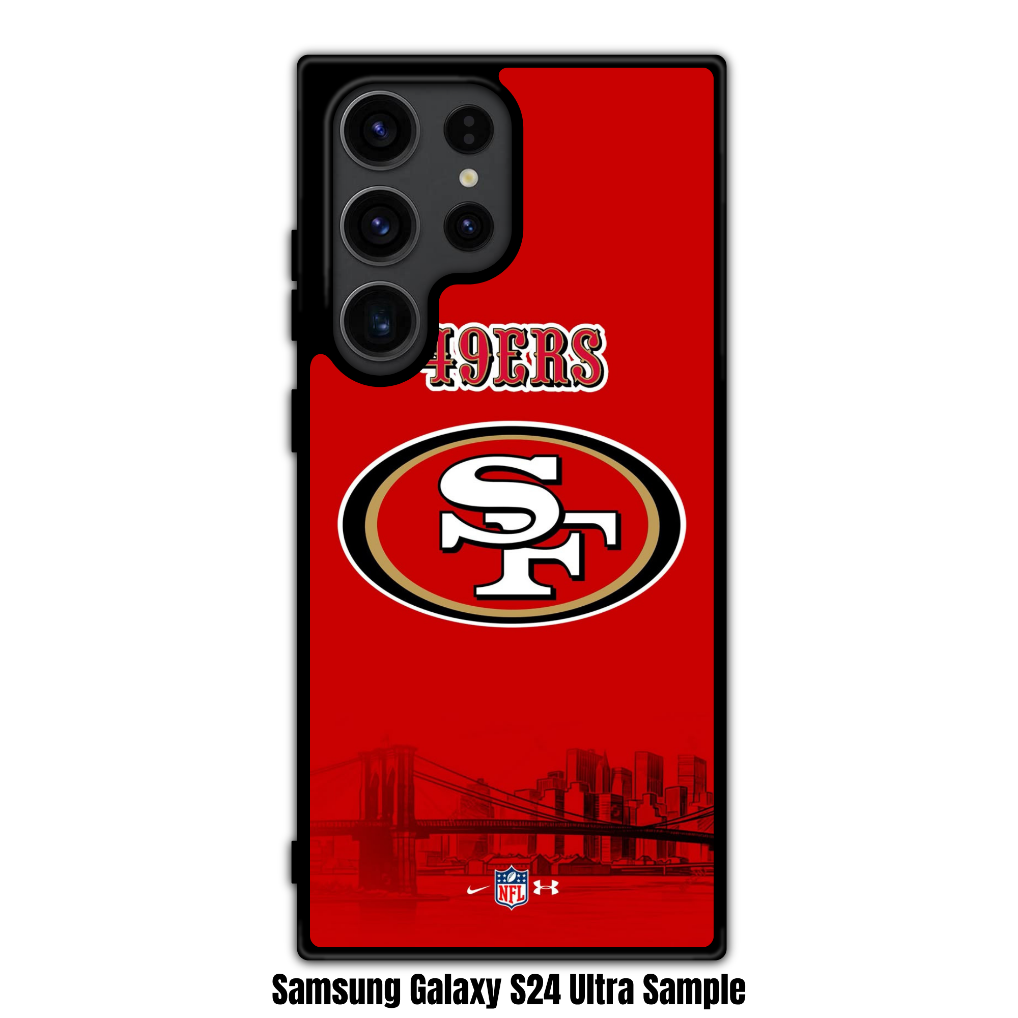 NFL San Francisco 49ers Phone Case For iPhone Samsung Galaxy Pixel - San Francisco 49ers Logo And Cityscape On Red Background With NFL Nike And Under Armour Logos