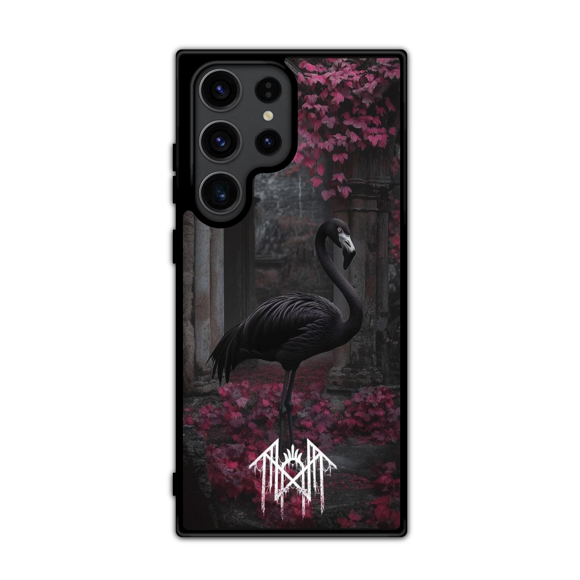 Sleep Token Phone Case For iPhone Samsung Galaxy Pixel - Sleep Token The Black Flamingo On Deep Pink And Magenta Leaves Drape Over The Stonework Background