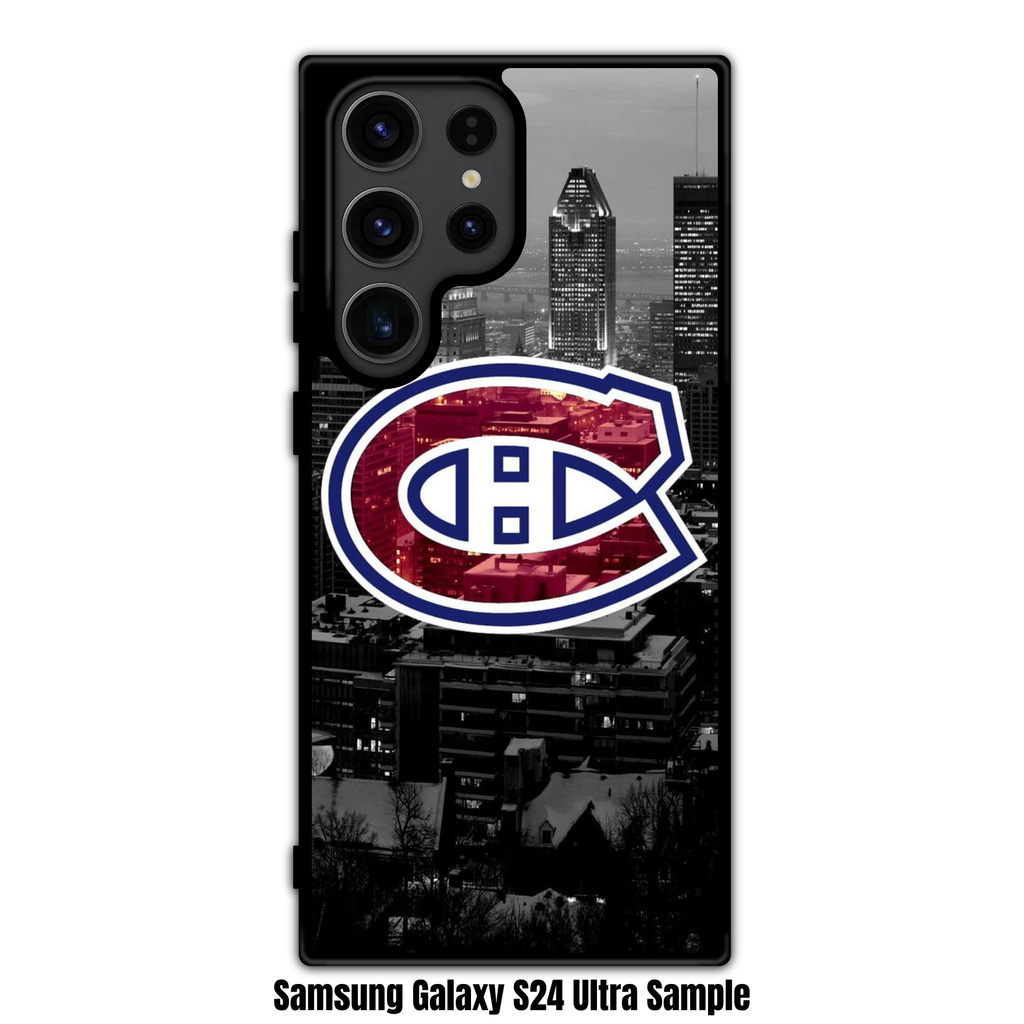 NHL Montreal Canadiens Phone Case For iPhone Samsung Galaxy Pixel - Montreal Canadiens Logo On Black And White City Skyline Background