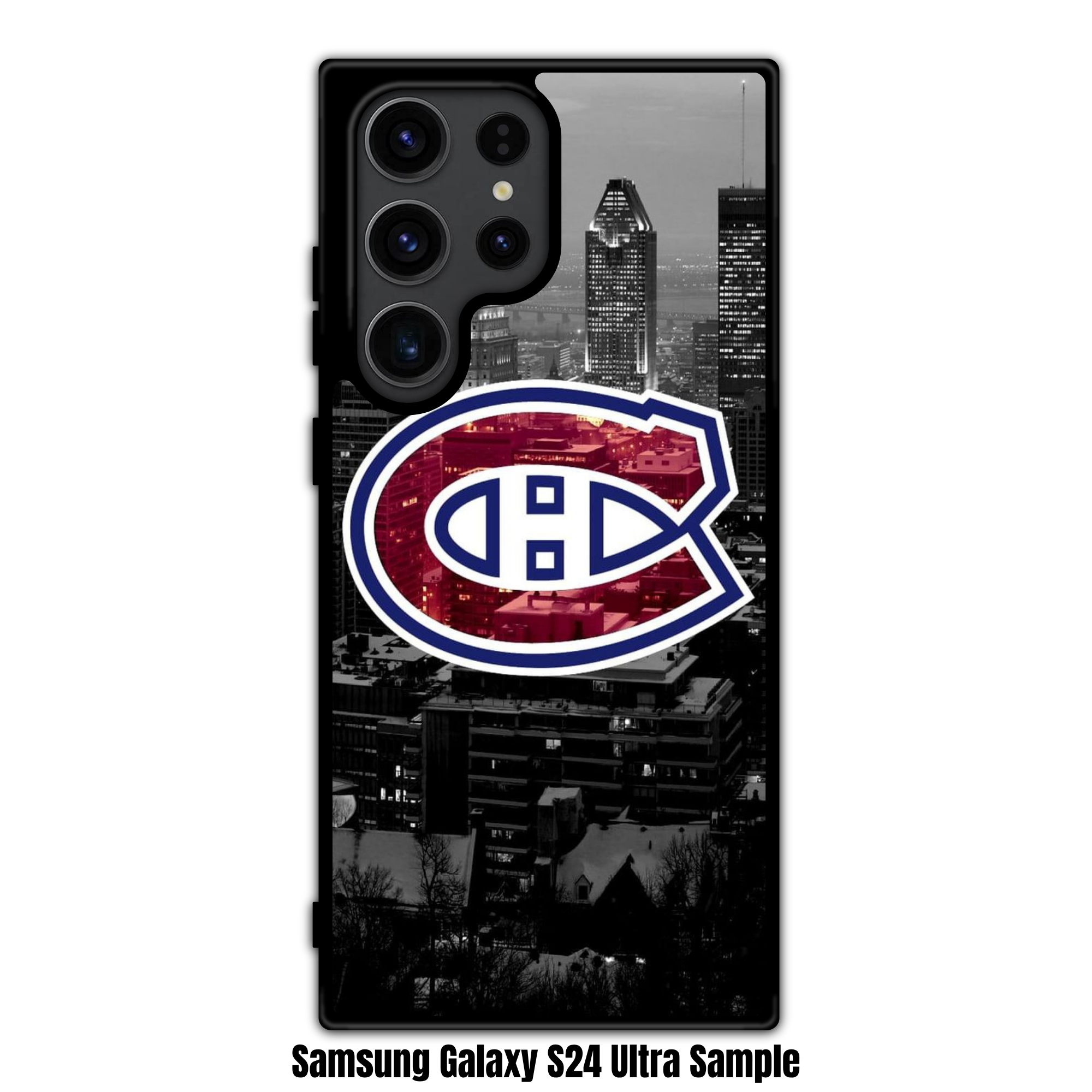 NHL Montreal Canadiens Phone Case For iPhone Samsung Galaxy Pixel - Montreal Canadiens Logo On Black And White City Skyline Background