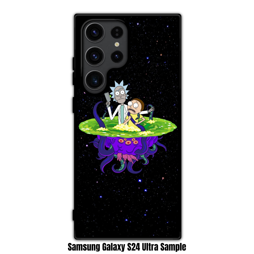 Rick And Morty Phone Case For iPhone Samsung Galaxy Pixel - Rick And Morty Emerging From A Green Portal On Top Of A Purple Monster On Starry Space Background