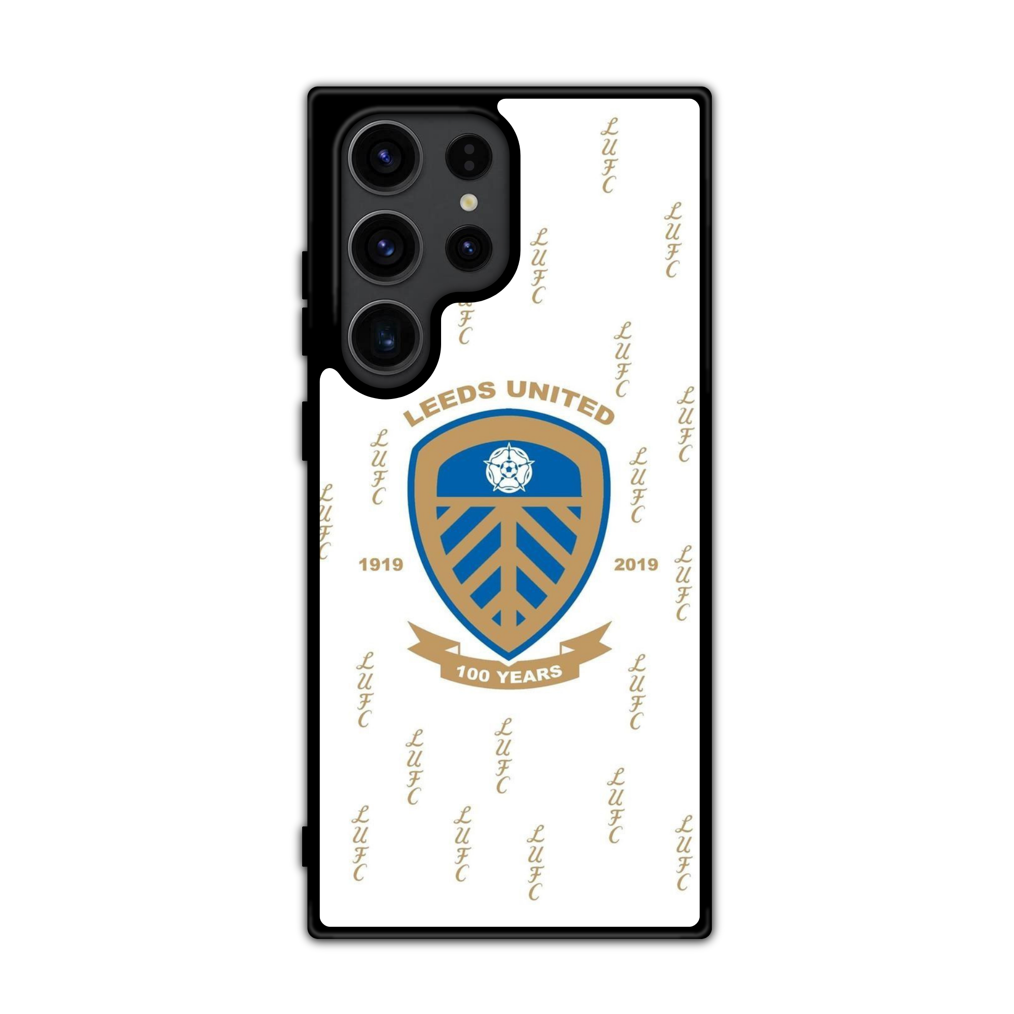 Leeds United FC Phone Case For iPhone Samsung Galaxy Pixel - Leeds United FC Centenary Crest On White Patterned Background