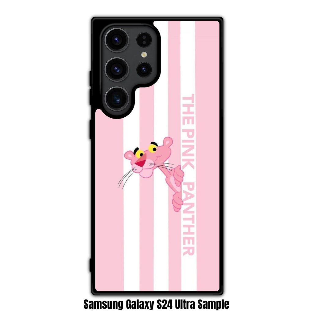 Pink Panther Phone Case For iPhone Samsung Galaxy Pixel - Pink Panther Peeking Behind White Stripes In Pink Background