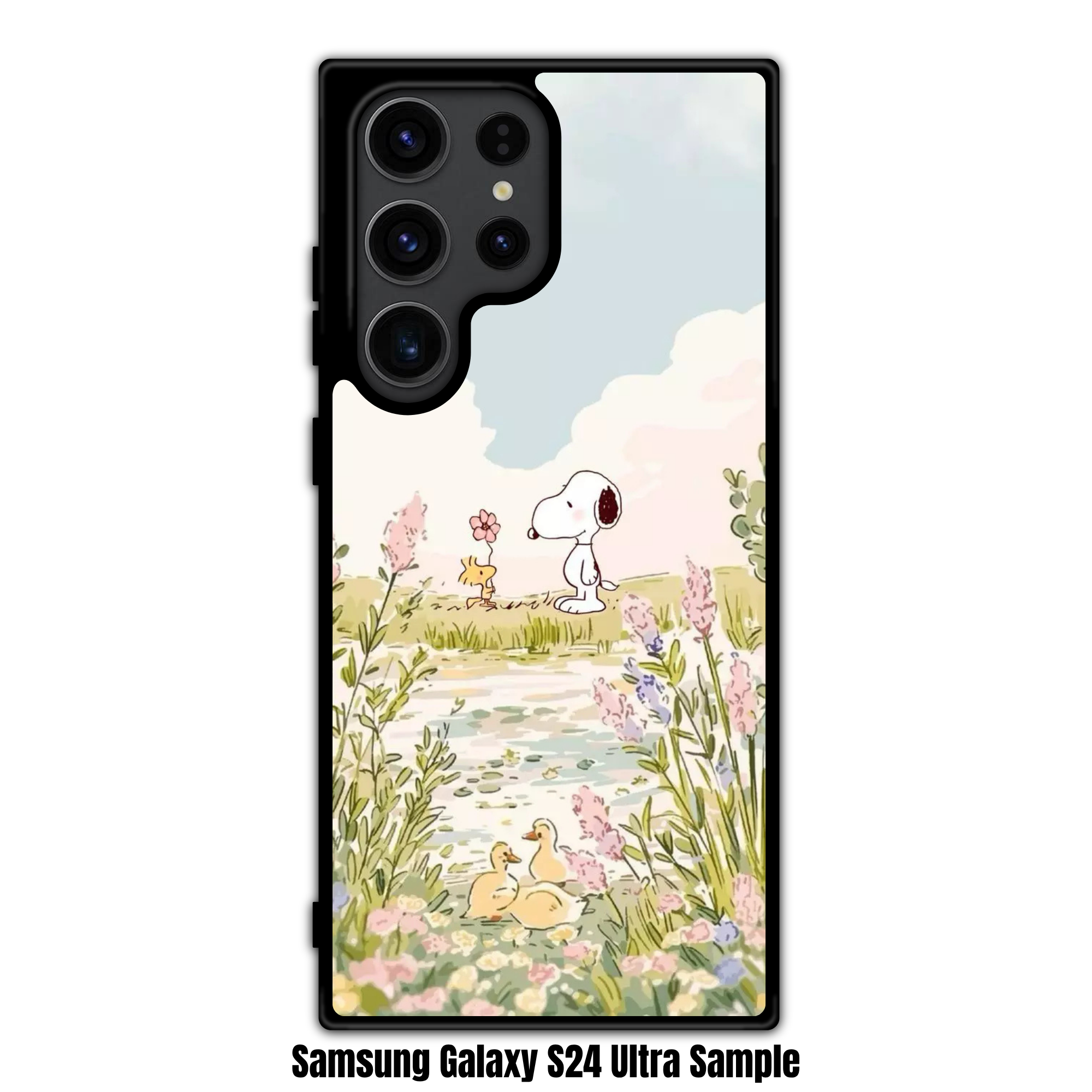 Peanuts Snoopy Phone Case For iPhone Samsung Galaxy Pixel - Peanuts Snoopy And Woodstock Holding Flower By A Pond With Ducks On Pastel Landscape Background