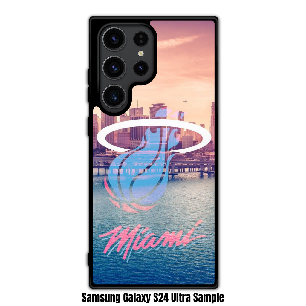 NBA Miami Heat Phone Case For iPhone Samsung Galaxy Pixel - Miami Heat Vice City Logo Over Miami Skyline Background