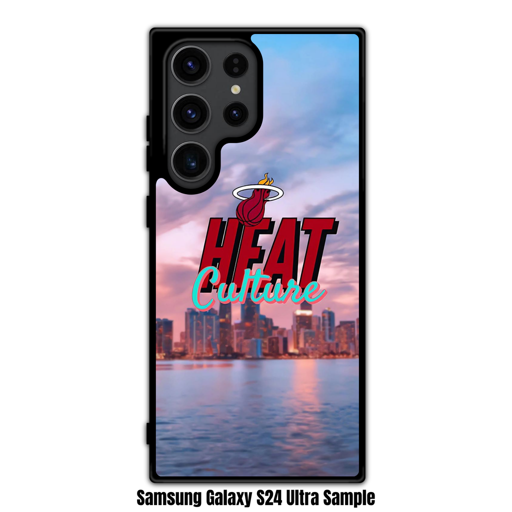 NBA Miami Heat Phone Case For iPhone Samsung Galaxy Pixel - Miami Heat Logo Over Miami Skyline Background