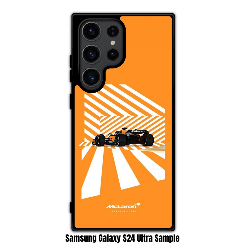 F1 Formula 1 McLaren Phone Case For iPhone Samsung Galaxy Pixel - MCL35M Illustration On Orange And White Isometric Stripe Background