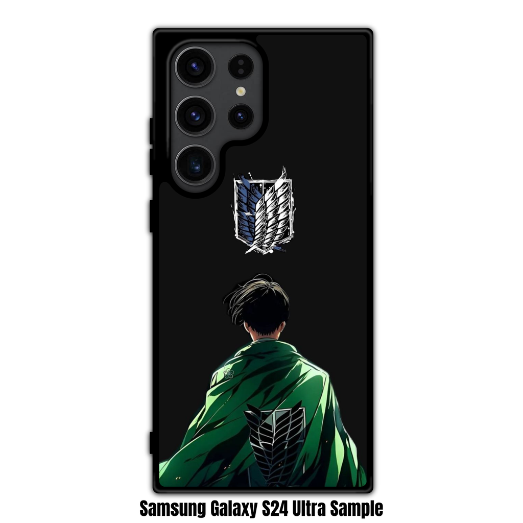 Attack on Titan Levi Phone Case For iPhone Samsung Galaxy Pixel - Levi Ackerman Facing Away Under Wings Of Freedom Emblem On Black Background