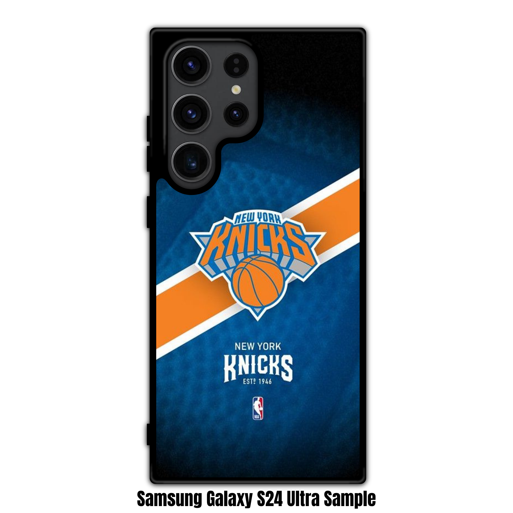 NBA New York Knicks Phone Case For iPhone Samsung Galaxy Pixel - New York Knicks Logo And Diagonal Stripe On Textured Blue Background
