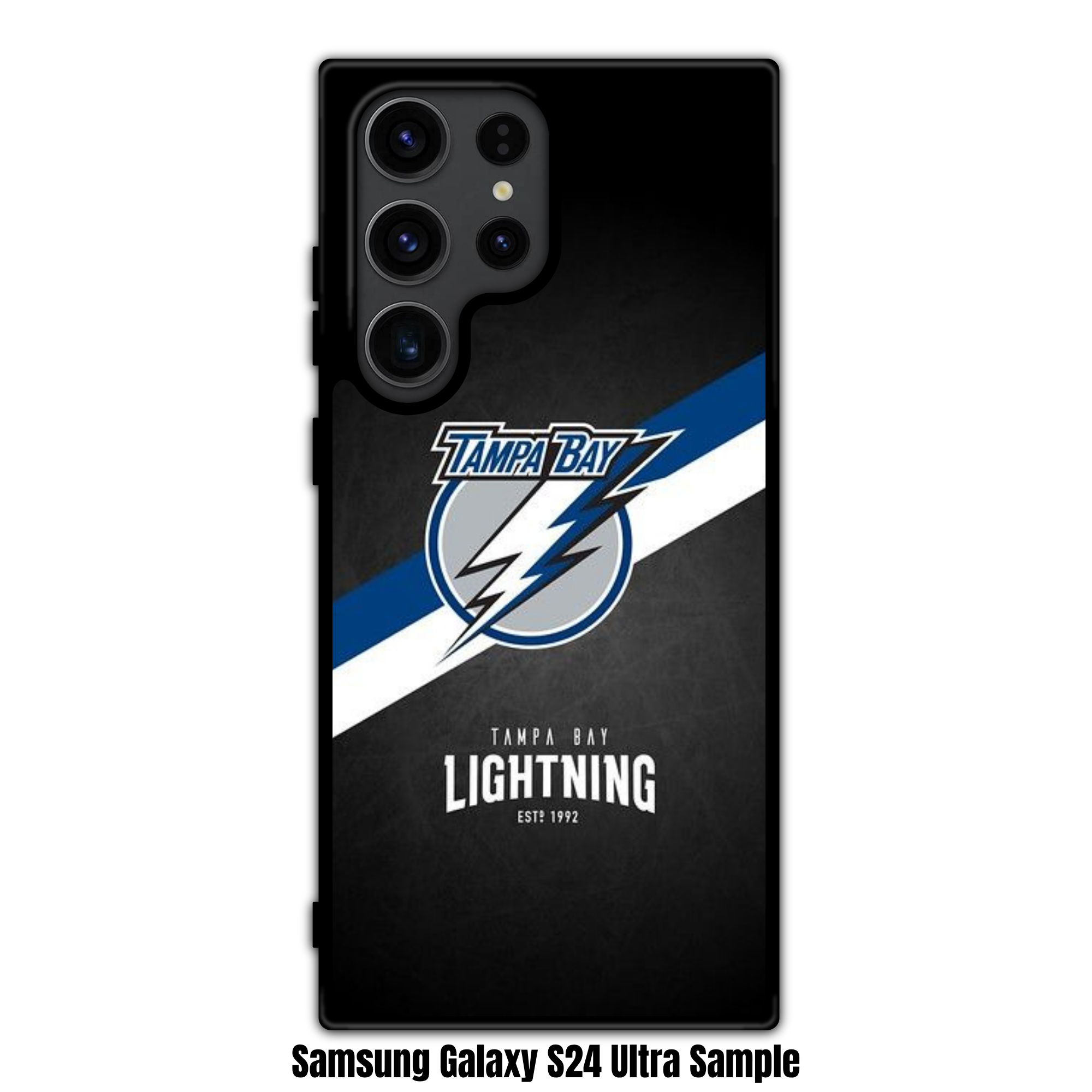 NHL Tampa Bay Lightning Phone Case For iPhone Samsung Galaxy Pixel - Tampa Bay Lightning Logo And Diagonal Stripes On Textured Black Background