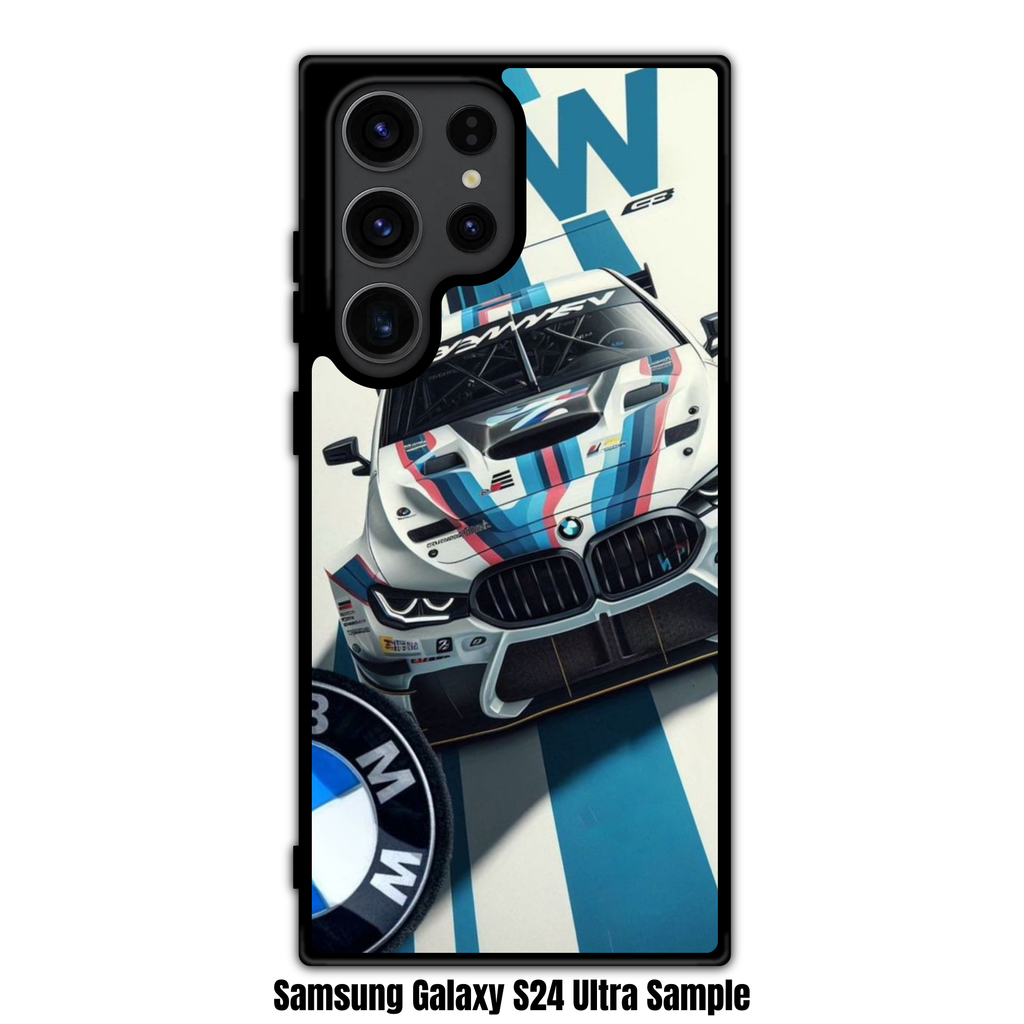 BMW Phone Case For iPhone Samsung Galaxy Pixel - BMW M4 GT3 Car And Logo On Blue And White Stripes Background