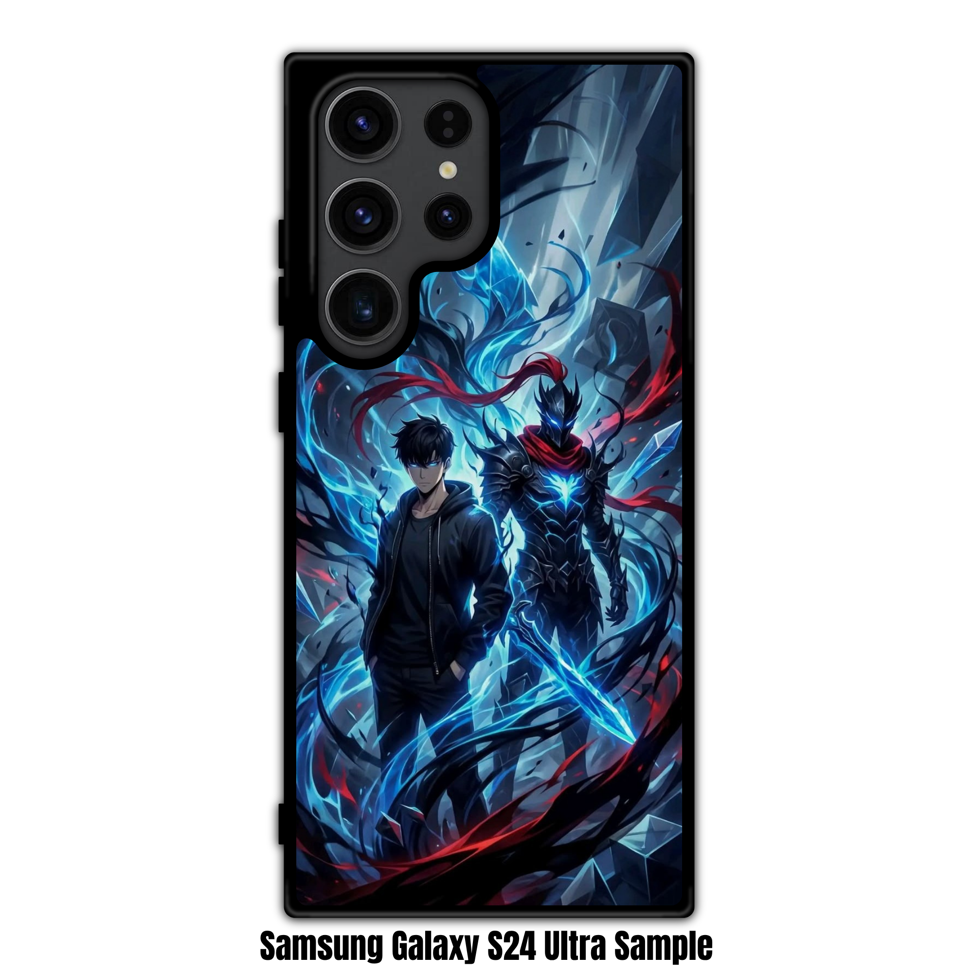 Solo Leveling Phone Case For iPhone Samsung Galaxy Pixel - Sung Jin woo And Igris Standing Together In Front Of Blue Crystals On Dark Background