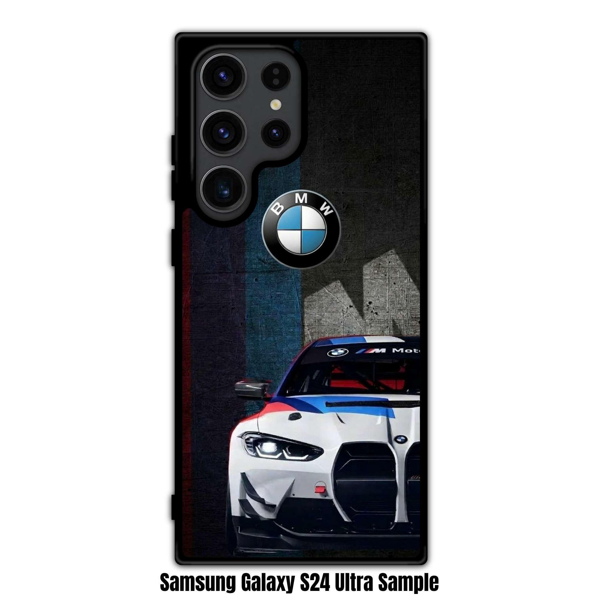 BMW Phone Case For iPhone Samsung Galaxy Pixel - BMW M4 GT4 And Logo On Textured M Stripes Background