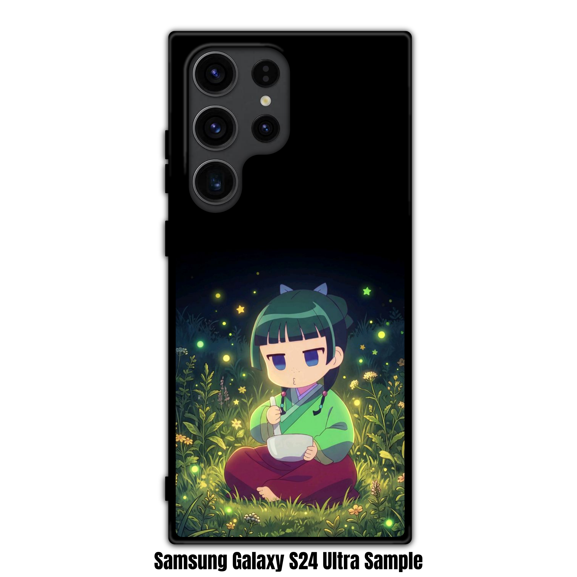 The Apothecary Diaries Maomao Phone Case For iPhone Samsung Galaxy Pixel - Chibi Maomao Sitting In A Grassy Field Surrounded By Fireflies On A Black Night Background