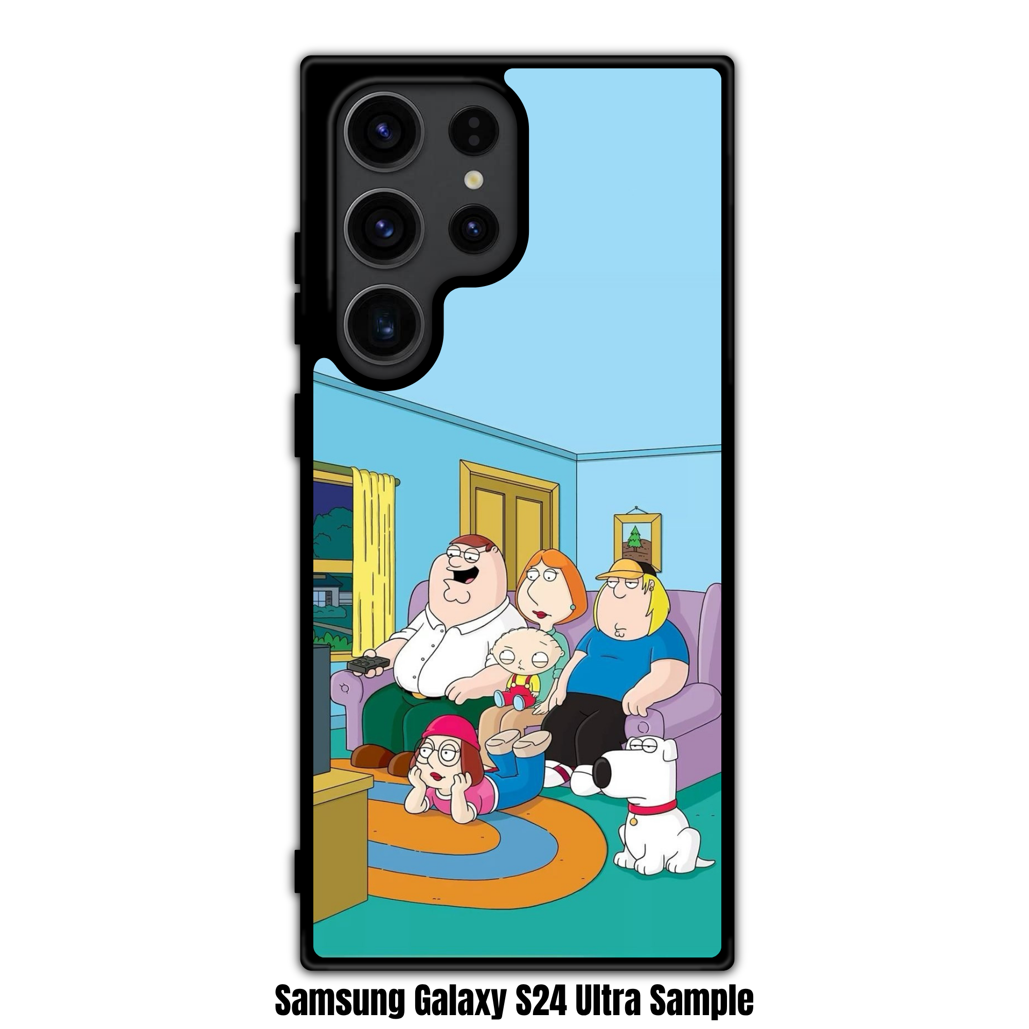 Family Guy Phone Case For iPhone Samsung Galaxy Pixel - Family Guy Characters On Purple Sofa In Living Room On Blue Background