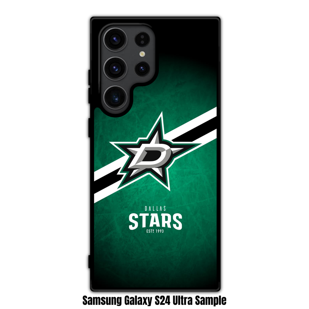 NHL Dallas Stars Phone Case For iPhone Samsung Galaxy Pixel - Dallas Stars Logo And Diagonal Stripe On Green Distressed Background
