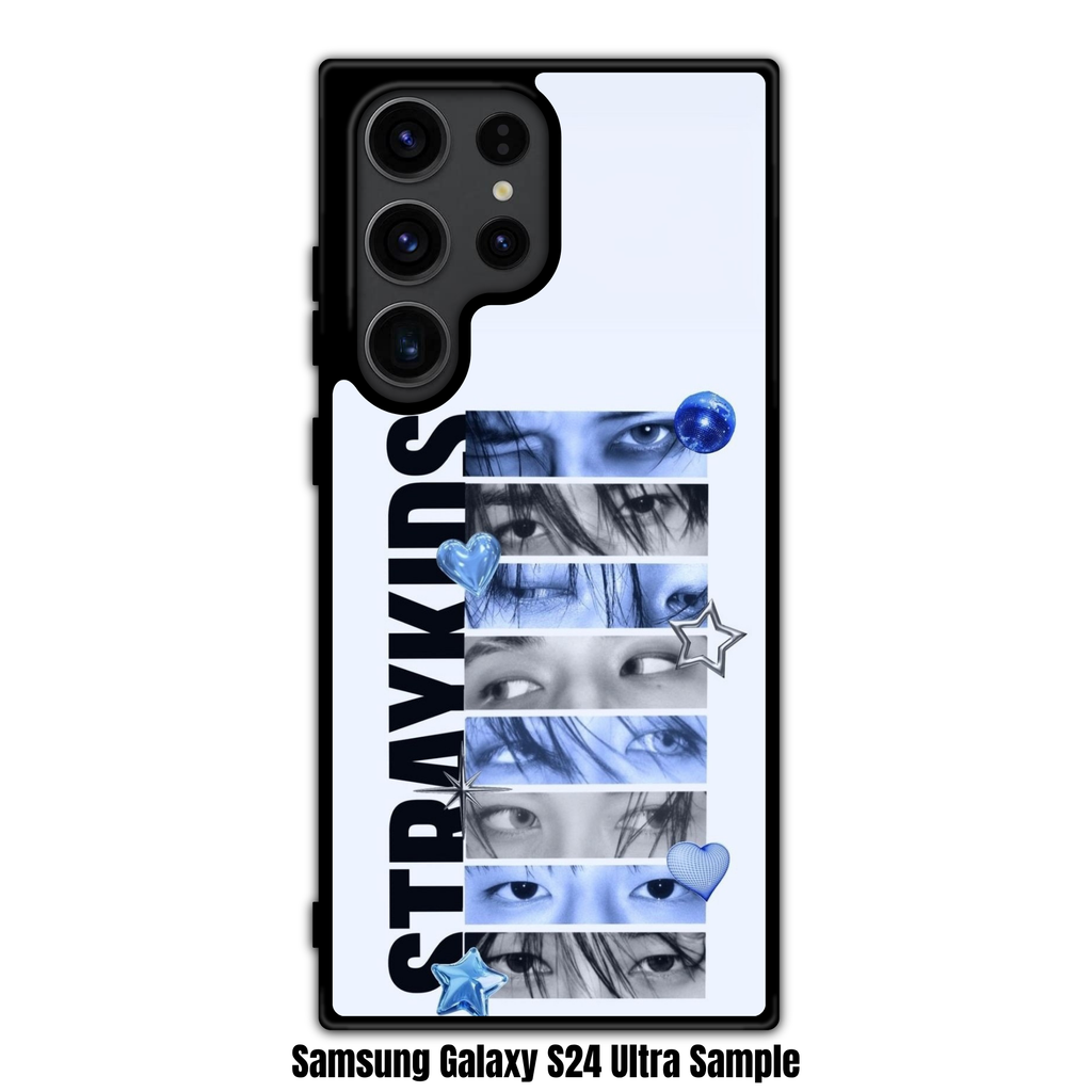 Stray Kids Phone Case For iPhone Samsung Galaxy Pixel - Stray Kids Logo Text And Members Eyes In Blue Bars On Light Blue Background
