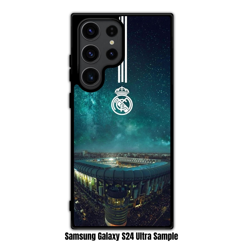 Real Madrid CF Phone Case For iPhone Samsung Galaxy Pixel - Real Madrid CF Logo Over Santiago Bernabeu Stadium With Teal Galaxy Sky Background