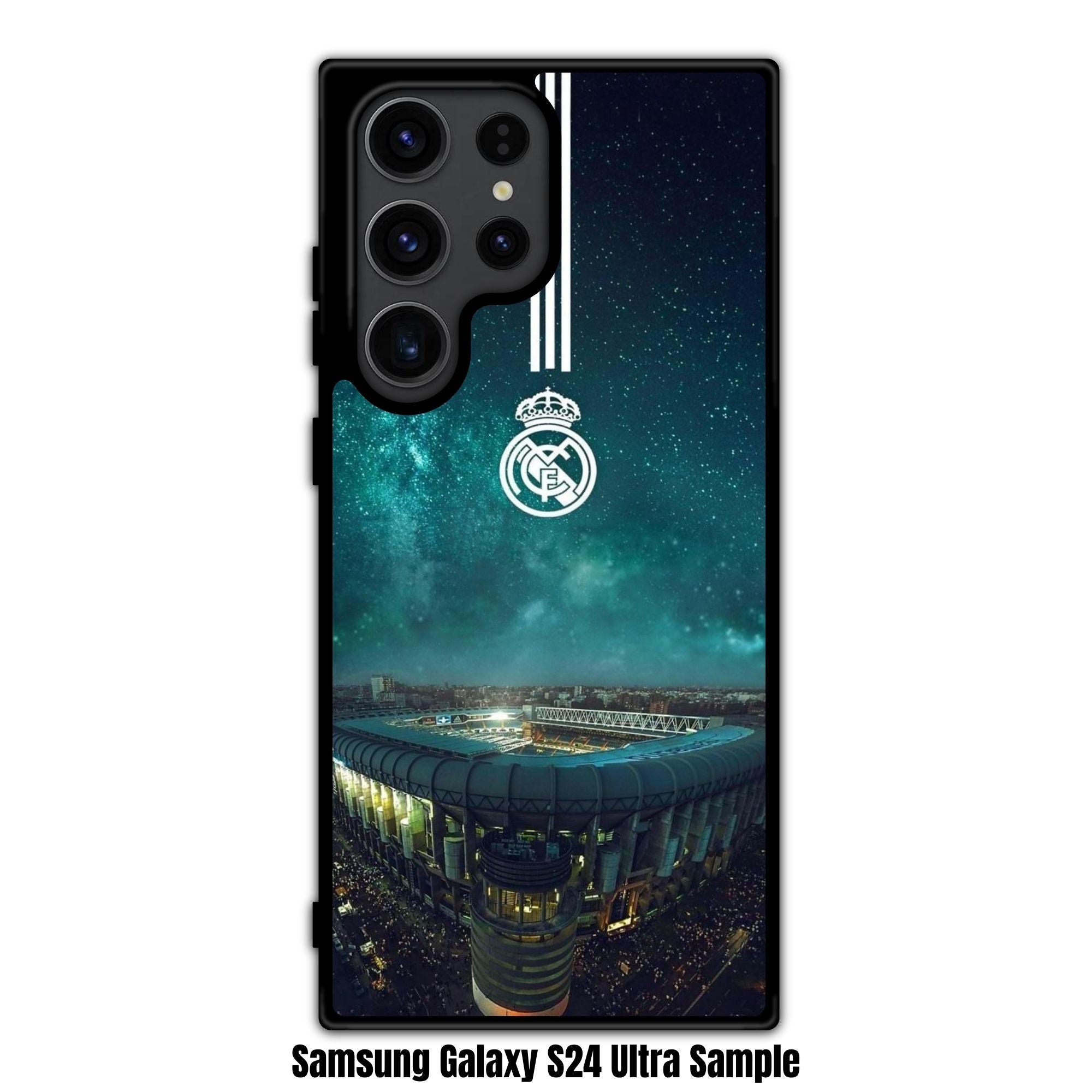 Real Madrid CF Phone Case For iPhone Samsung Galaxy Pixel - Real Madrid CF Logo Over Santiago Bernabeu Stadium With Teal Galaxy Sky Background