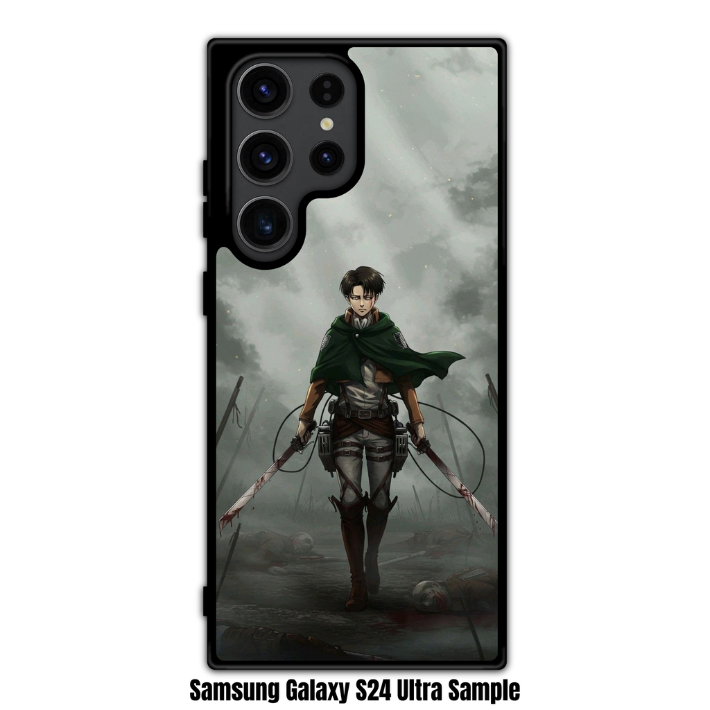 Attack on Titan Levi Phone Case For iPhone Samsung Galaxy Pixel - Levi Ackerman Standing With Bloody Swords On Battlefield Under Grey Sky Background