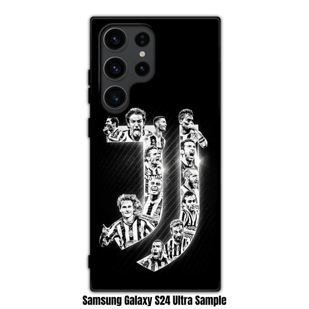 Juventus FC Phone Case For iPhone Samsung Galaxy Pixel - Juventus FC Minimalist J Logo Collage Featuring Legendary Players On Black Background