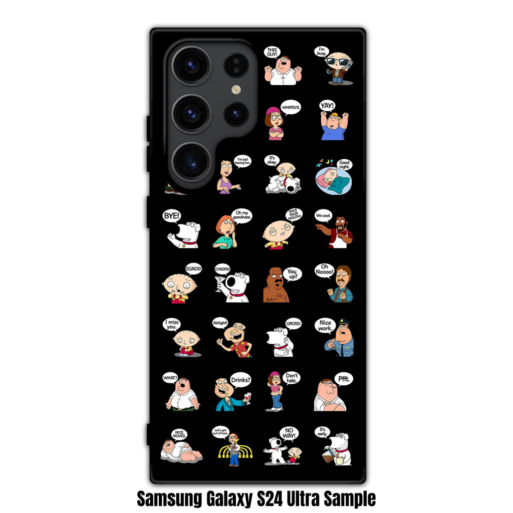 Family Guy Phone Case For iPhone Samsung Galaxy Pixel - Family Guy Sticker Collection With Various Characters And Catchphrases On Black Background