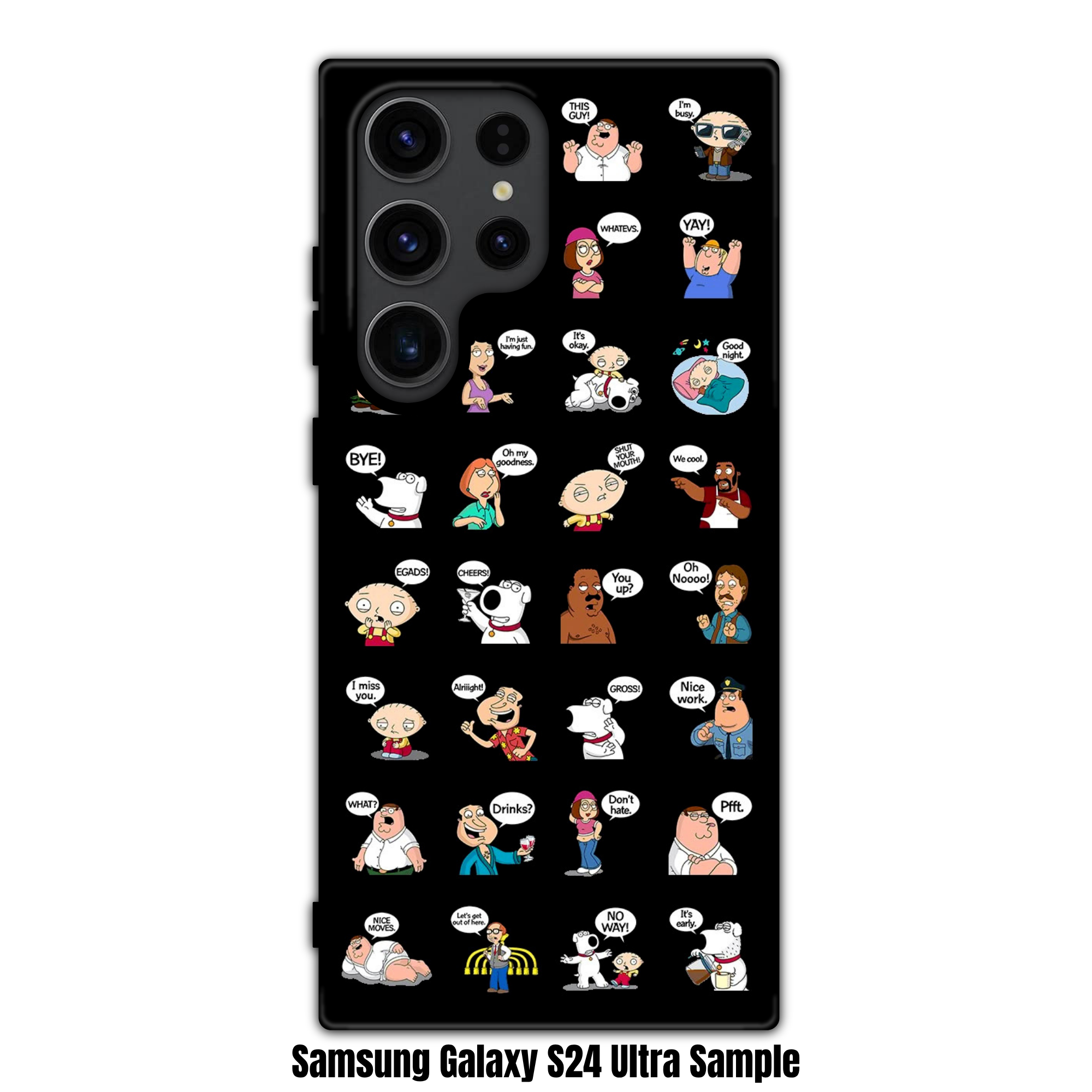 Family Guy Phone Case For iPhone Samsung Galaxy Pixel - Family Guy Sticker Collection With Various Characters And Catchphrases On Black Background