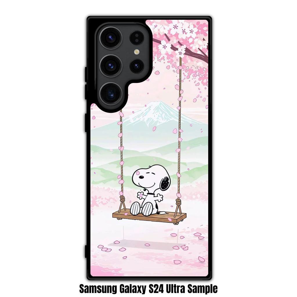Peanuts Snoopy Phone Case For iPhone Samsung Galaxy Pixel - Peanuts Snoopy Sitting On A Swing Under Pink Cherry Blossoms With Mount Fuji Background