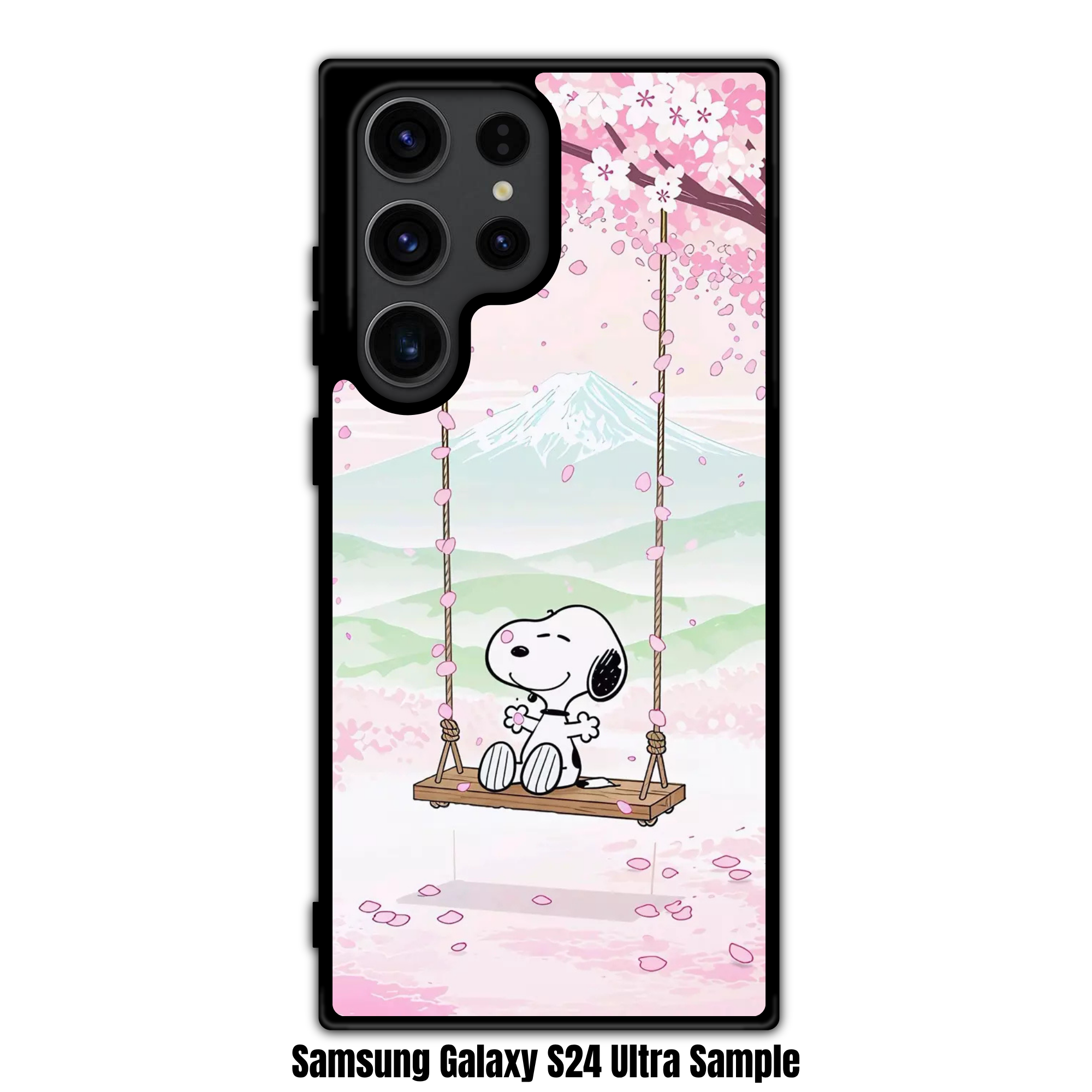 Peanuts Snoopy Phone Case For iPhone Samsung Galaxy Pixel - Peanuts Snoopy Sitting On A Swing Under Pink Cherry Blossoms With Mount Fuji Background